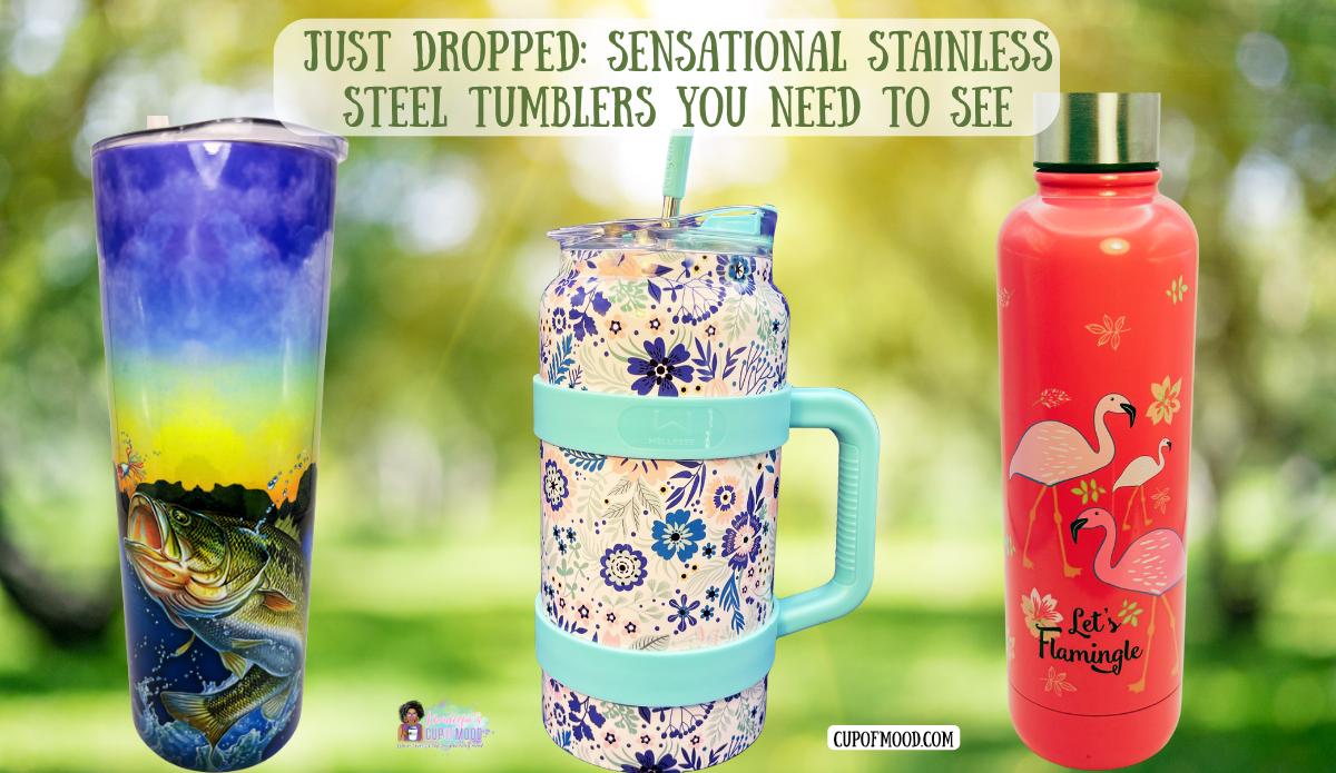 Colorful stainless steel drinkware featuring bass fishing floral and flamingo designs outdoors