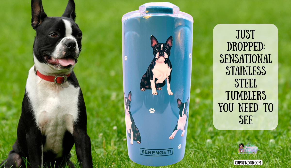 Serengeti Boston Terrier Tumbler displayed beside a Boston Terrier on green grass