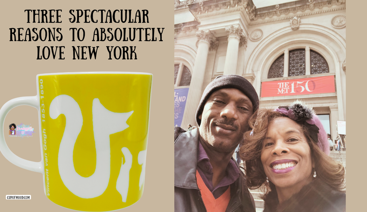 Michael and Khadeeja outside The Metropolitan Museum of Art in New York with a colorful art mug