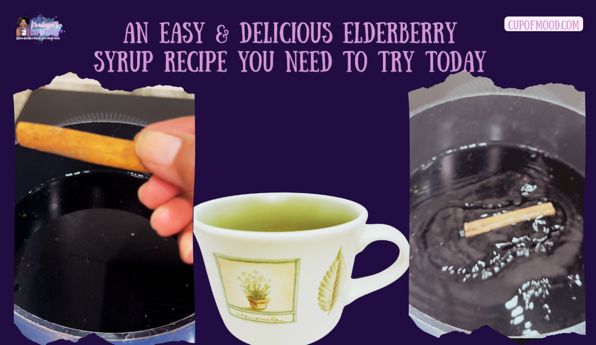 A cinnamon stick being added to elderberries and water for an easy homemade elderberry syrup recipe