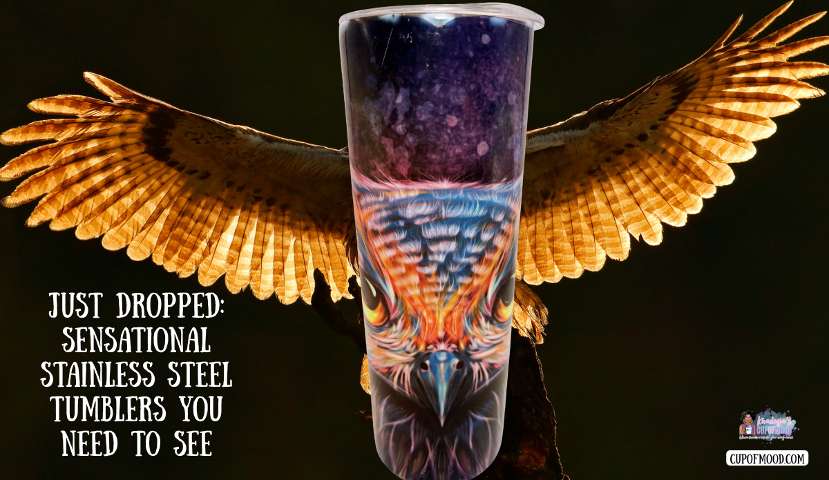 Vibrant Owl Stainless Steel Tumbler with colorful owl artwork and dramatic golden wings