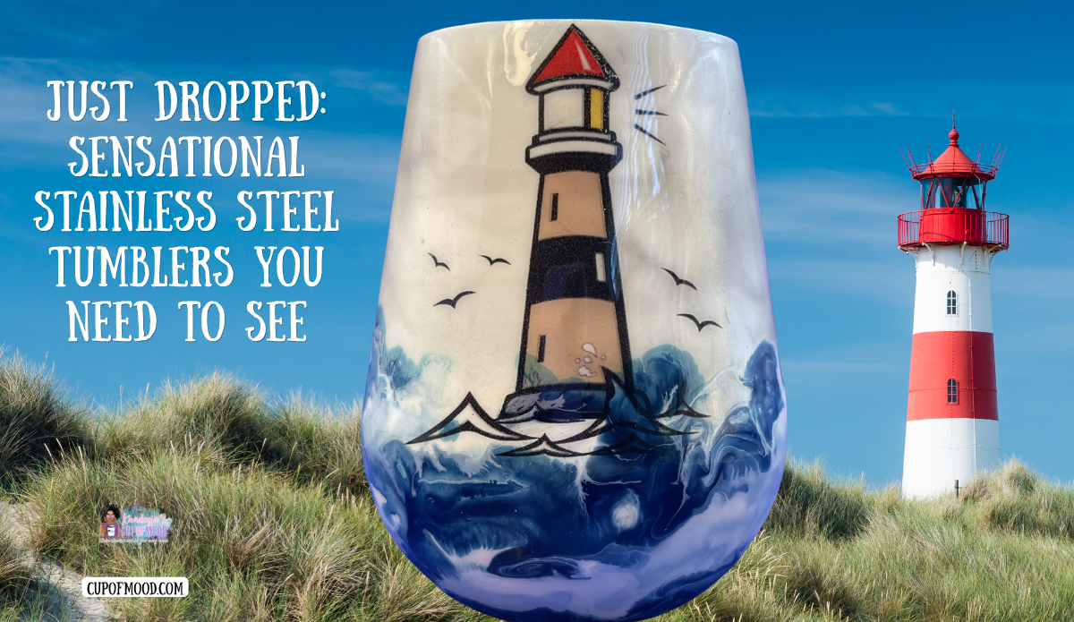 Inspirational Lighthouse Stemless Wine Glass displayed beside a coastal lighthouse and blue ocean