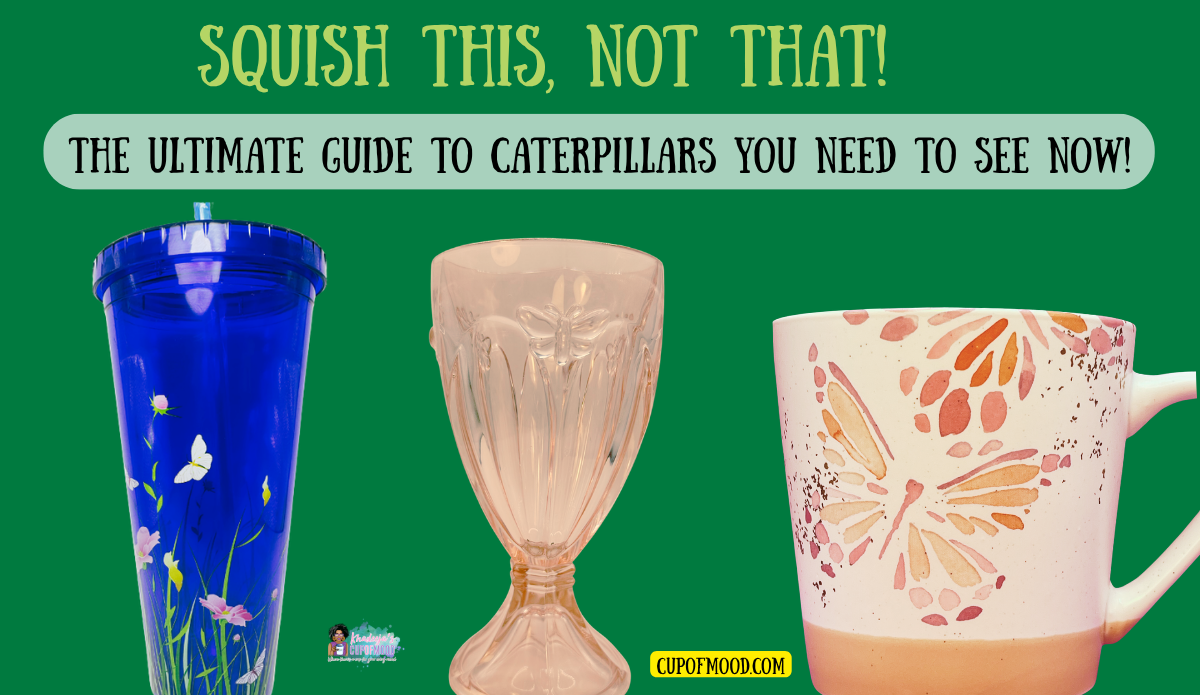 Butterfly drinkware collection featuring a blue tumbler, pink butterfly goblet, and peach butterfly mug