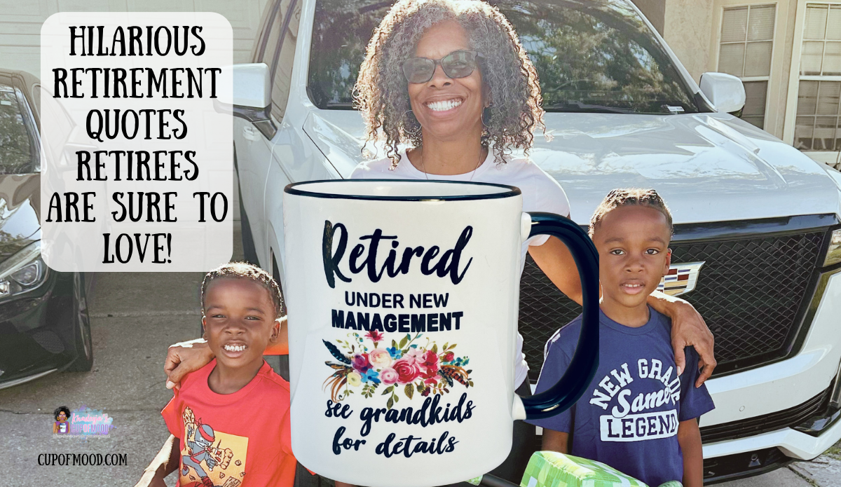 Nana with two of her grandkids on their first day of school beside the Retired Under New Management Grandkids Mug.