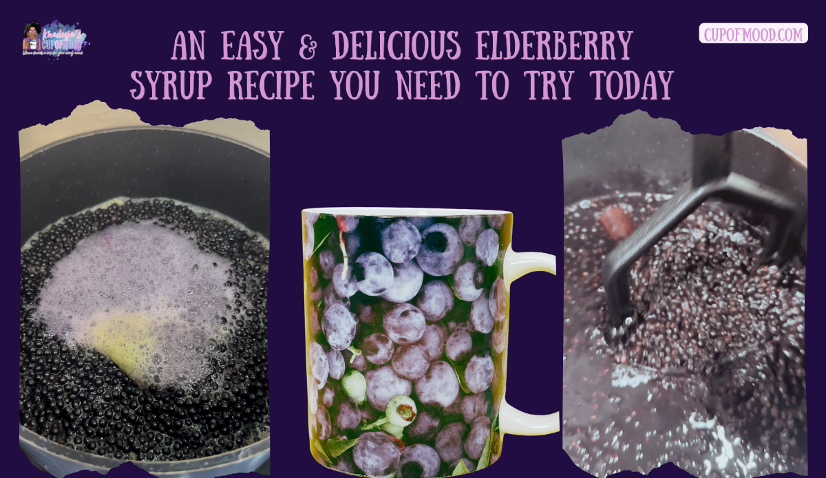 Elderberries simmering in a pot and being gently mashed for homemade elderberry syrup