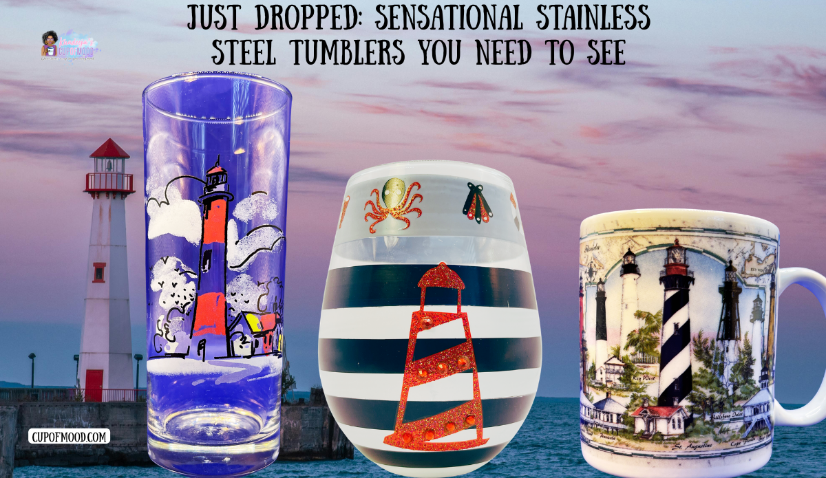 CupofMood Lighthouse Collection featuring lighthouse glass stemless wine glass and coffee mug