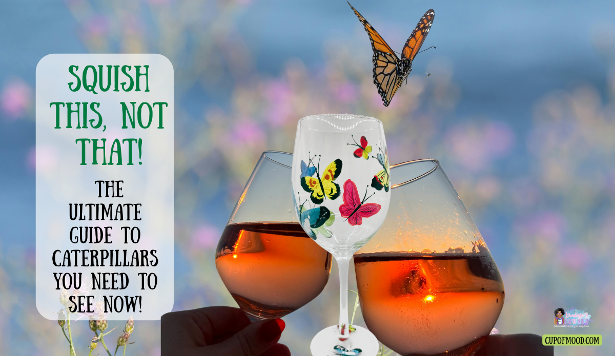 Butterfly wine glass with two glasses raised at sunset as a monarch butterfly flies above