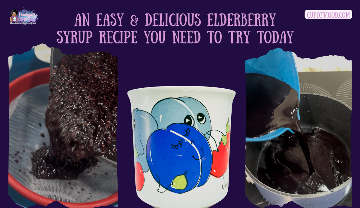 Cooked elderberries being pressed through a fine-mesh strainer and the strained juice being poured into a clean pot