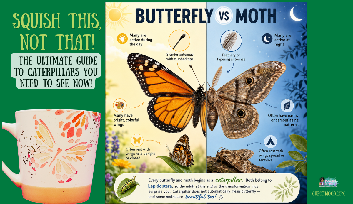 Butterfly and moth comparison showing differences in antennae, activity time, wing patterns, and resting positions