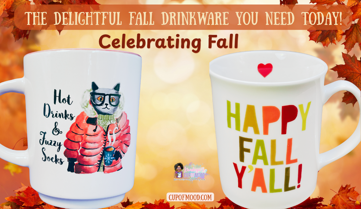 Hot Drinks Fuzzy Socks Cat Mug and Happy Fall Y’all Mug displayed against an autumn leaf background for a fall drinkware celebration.