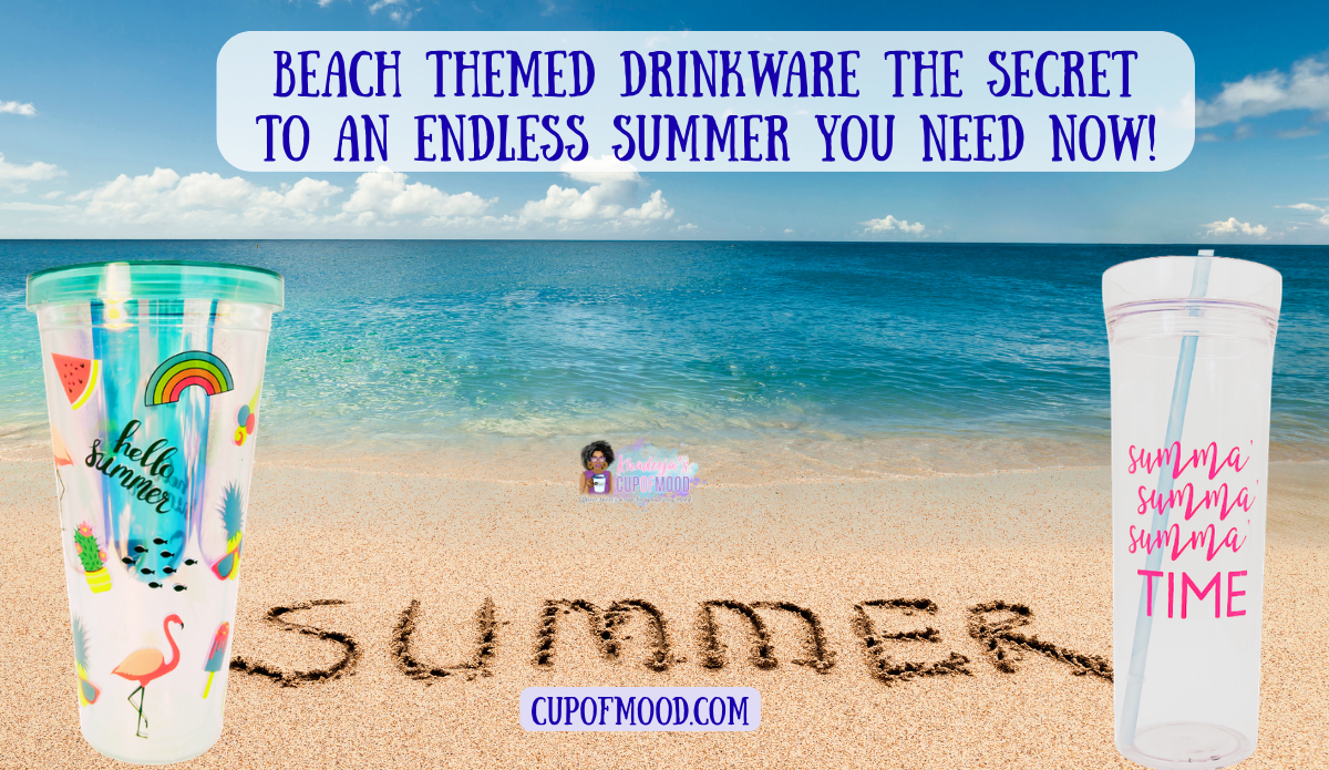 Two summer tumblers on a beach with summer written in the sand for a beach themed drinkware blog hero image