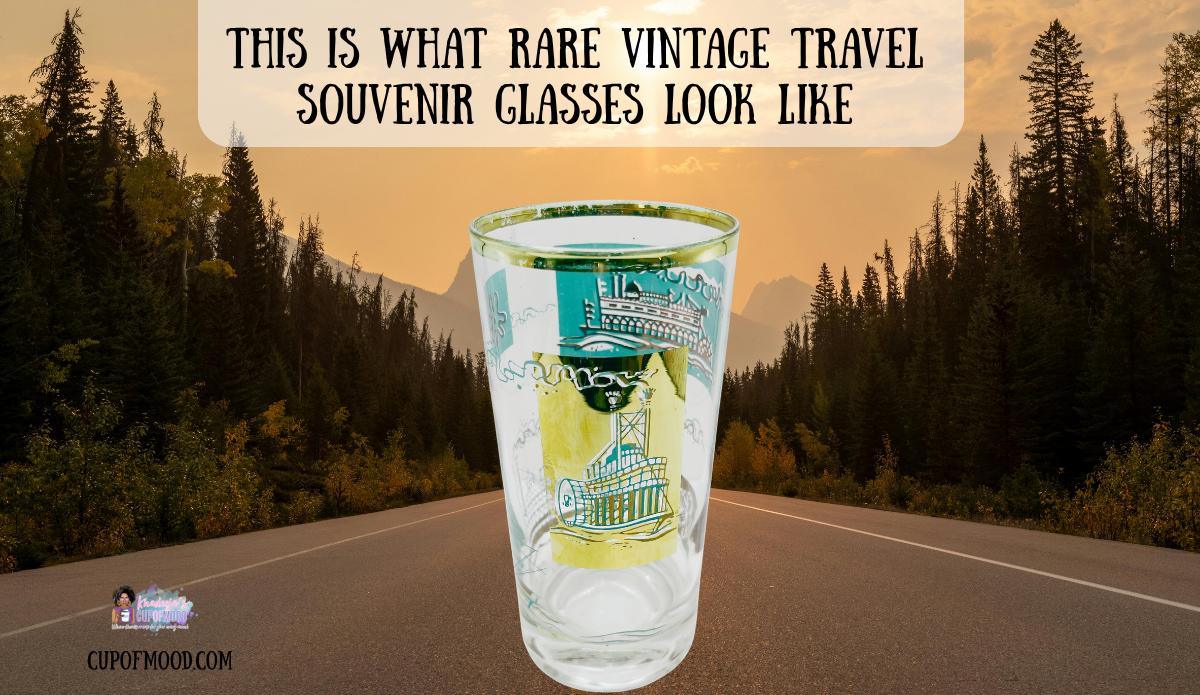 Southern Comfort riverboat vintage highball glass on a scenic mountain road representing vintage travel souvenir glasses.