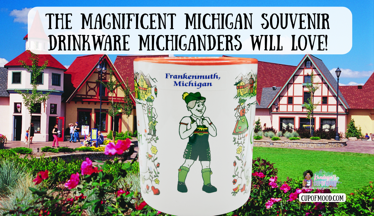 Frankenmuth Michigan souvenir cup featured with colorful Bavarian-style buildings