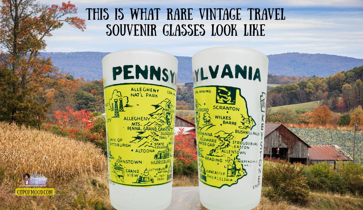 Two views of a Pennsylvania Keystone State vintage map glass against a colorful autumn countryside.