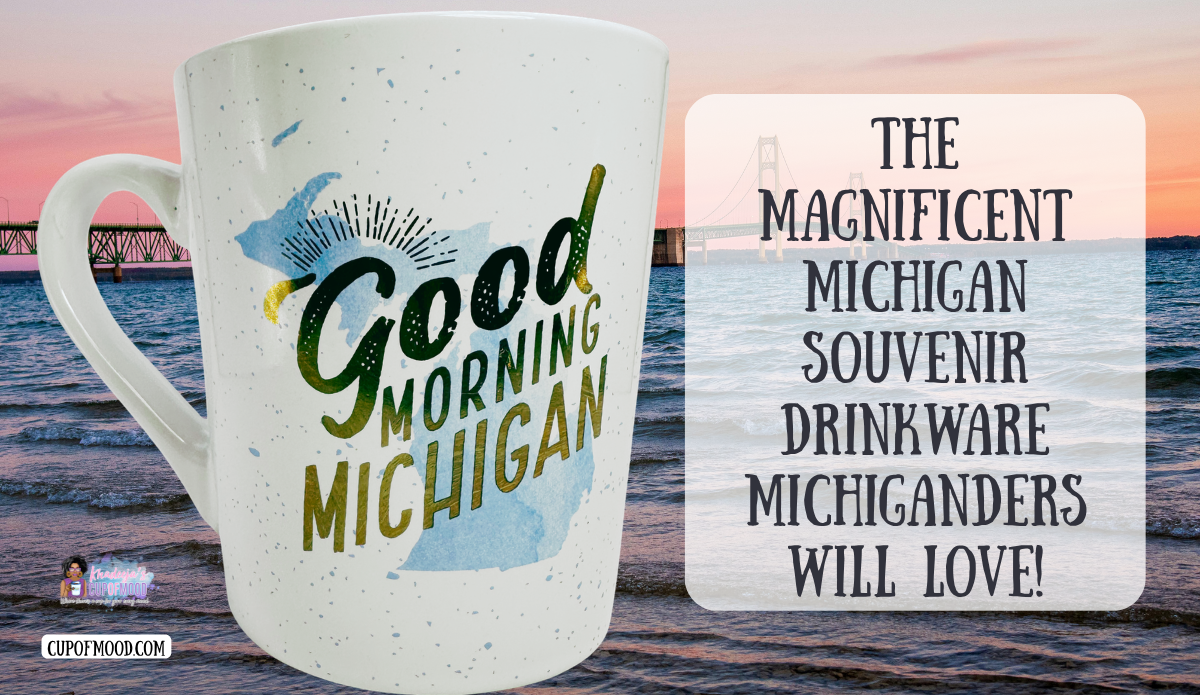 Good Morning Michigan coffee mug with Michigan silhouette beside Great Lakes water