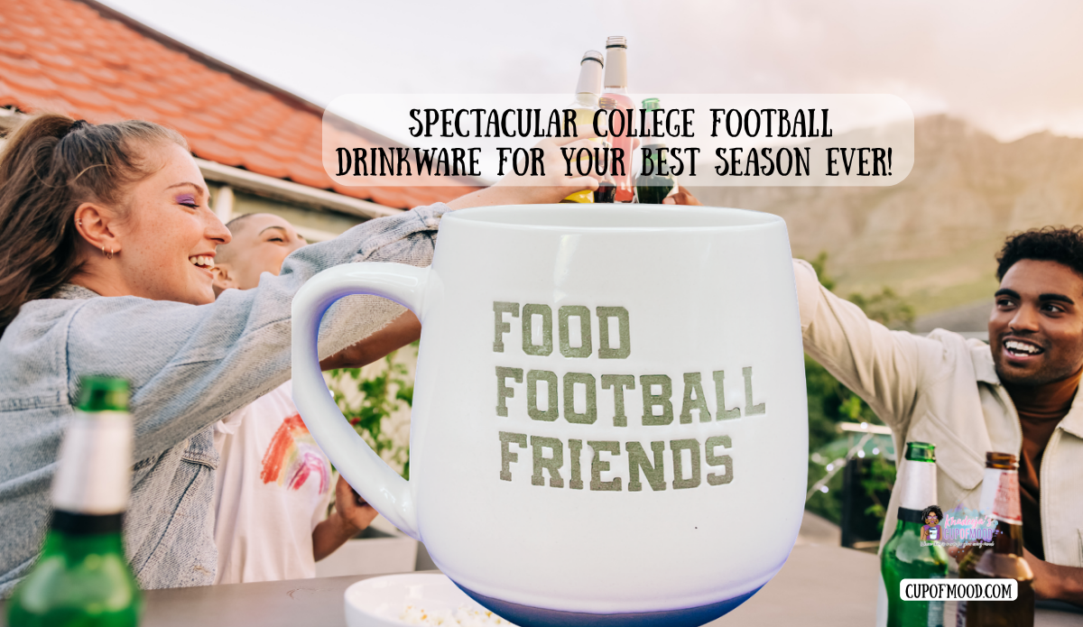 Food Football Friends mug in front of friends raising drinks together during an outdoor football-season gathering.