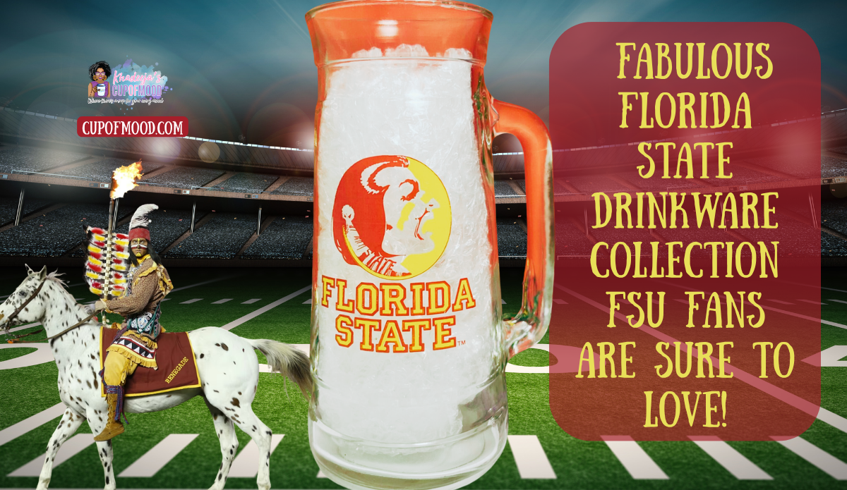 Vintage Florida State Seminoles clear glass beer mug with orange rim and handle displayed with Osceola and Renegade in a football stadium.