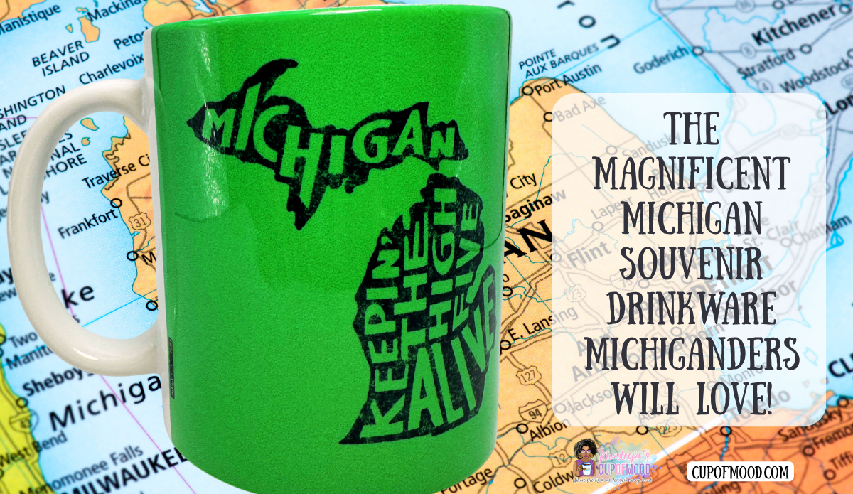 Keeping The High Five Alive Michigan mug displayed over a Michigan map