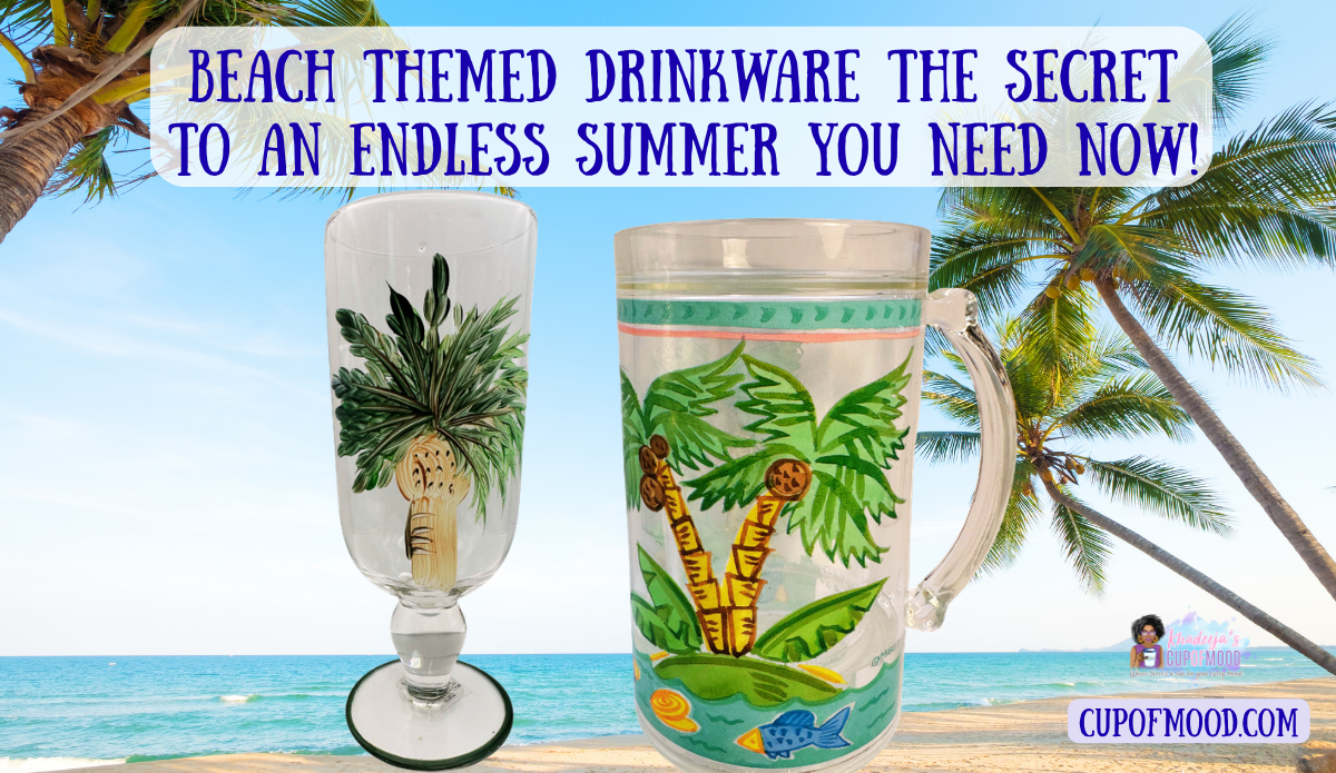 Palm tree champagne flute and palm tree glass mug displayed on a tropical beach with palm trees