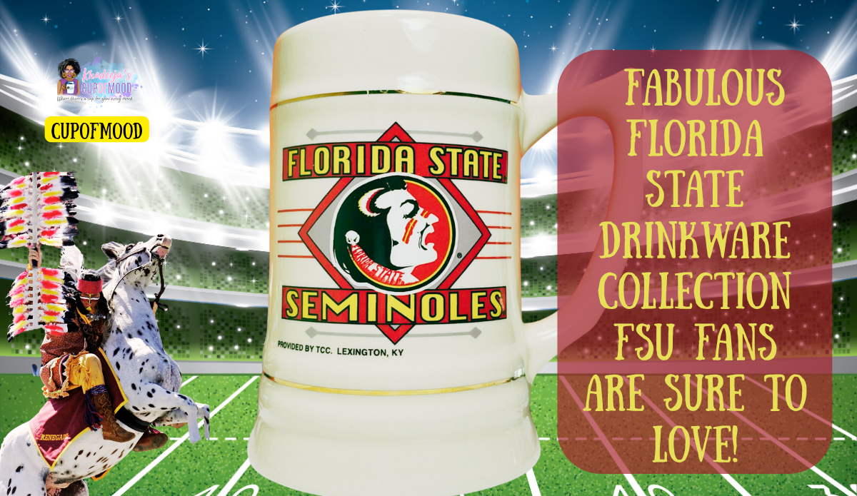 Vintage Florida State Seminoles ivory ceramic beer stein with classic Seminoles logo displayed with Osceola and Renegade on a football field.
