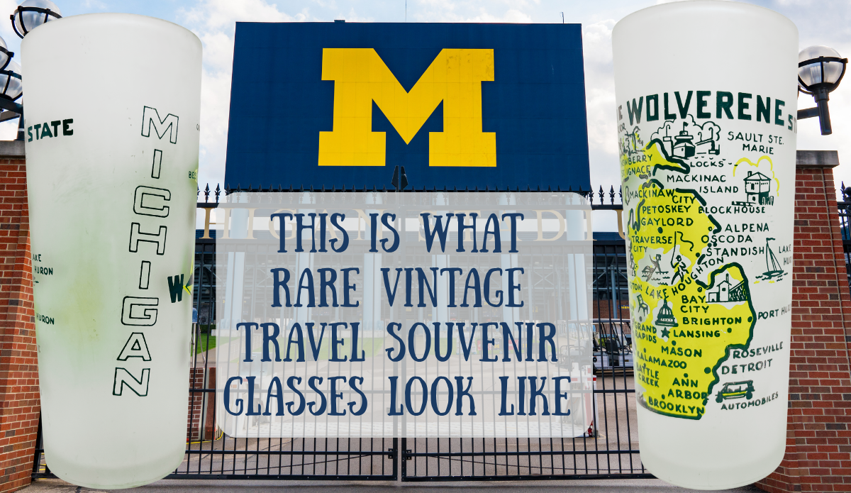 Two views of a Michigan Wolverine State vintage souvenir glass framing a large University of Michigan block M.