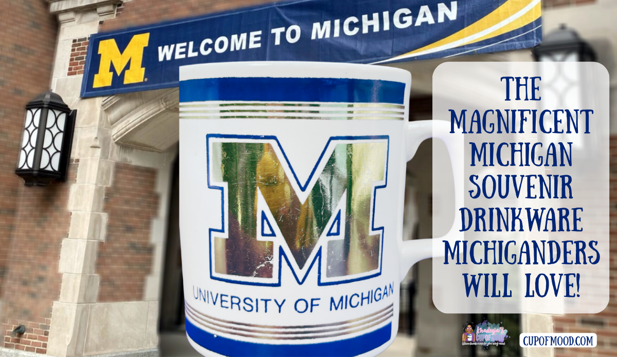 University of Michigan souvenir mug displayed outside a Michigan campus building