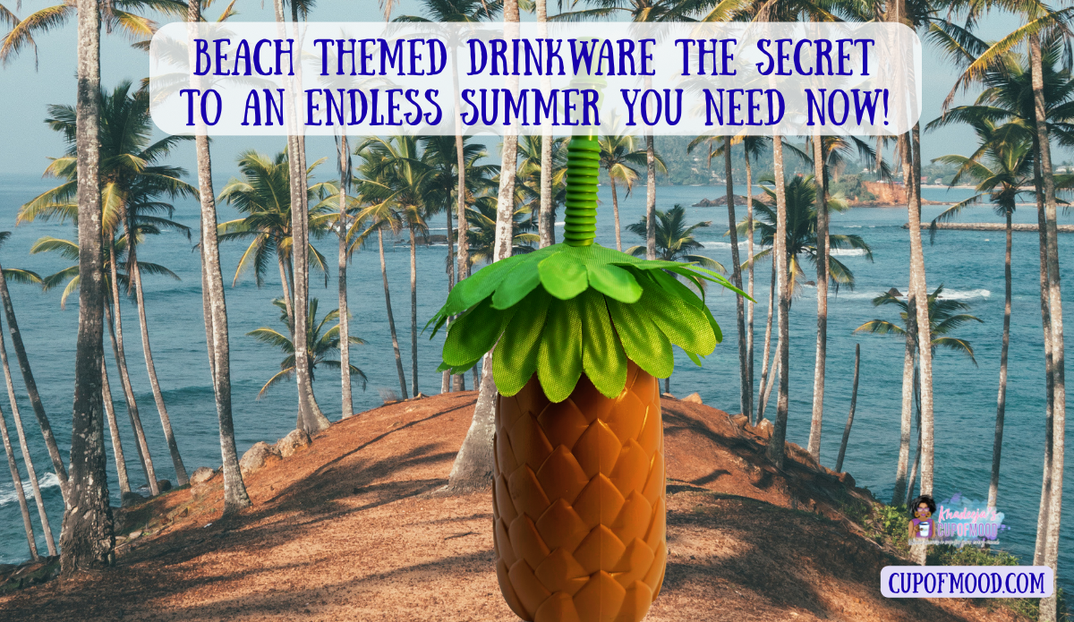 Palm Tree Party Sipper Cup shaped like a pineapple on a tropical beach overlook