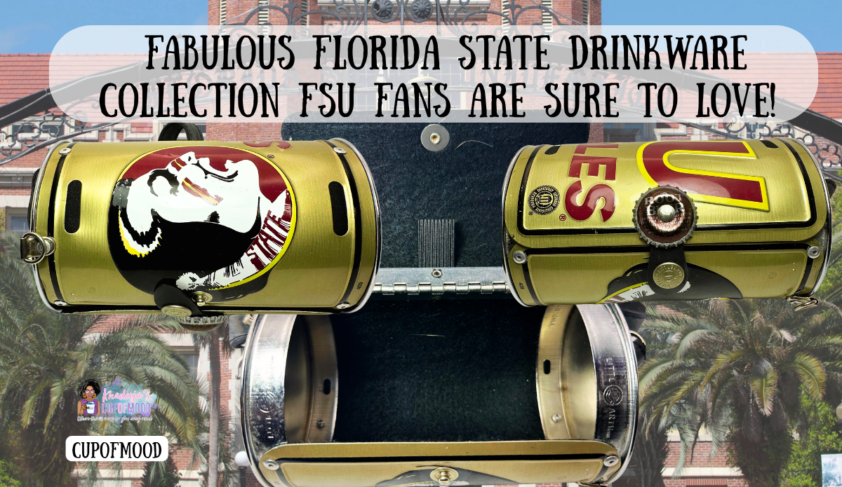 Florida State Seminoles gold crossbody barrel purse shown open and closed against a Florida State University campus background.