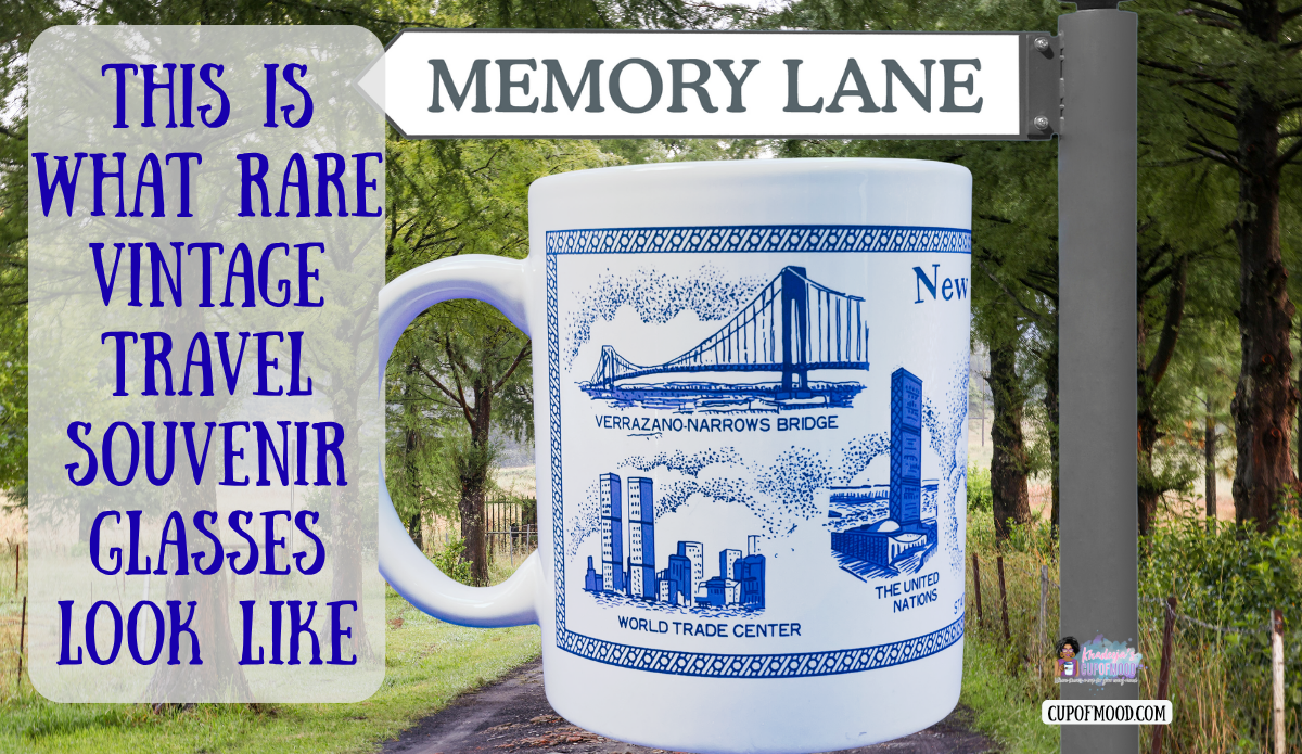 Vintage New York souvenir mug with blue landmark artwork beneath a Memory Lane road sign.
