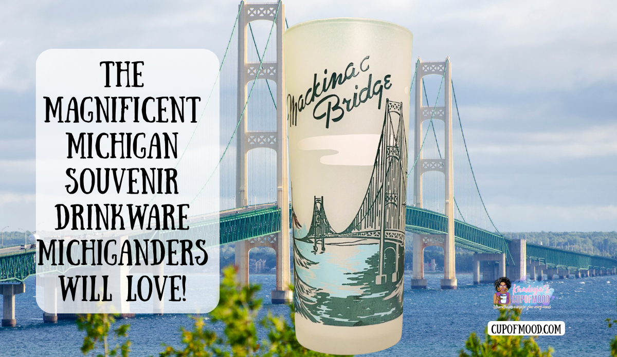 Michigan Mackinac Bridge frosted souvenir glass with bridge artwork