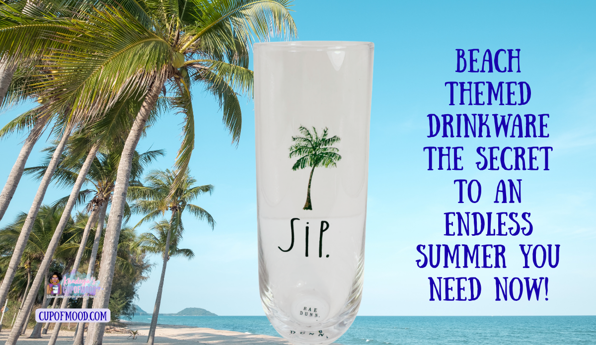 Rae Dunn SIP palm tree champagne flute displayed on a beach with leaning palm trees