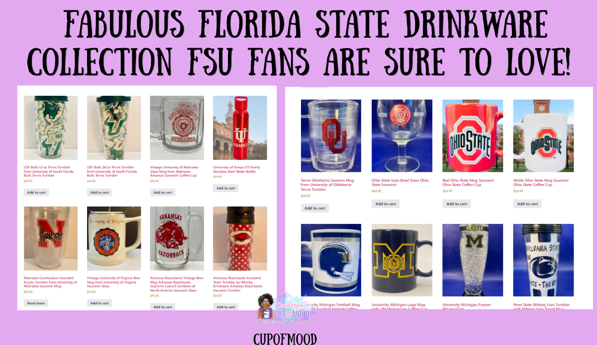 CupofMood College Collection collage featuring drinkware from USF, Nebraska, Arkansas, Oklahoma, Ohio State, Michigan, Penn State, and other universities.