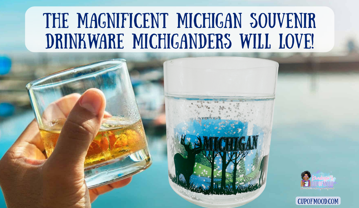 Michigan souvenir drinkware featuring deer woodland glass beside a waterfront scene