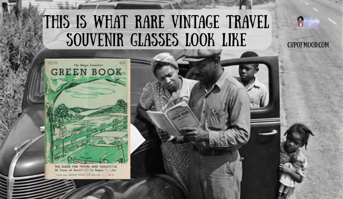 1956 Green Book cover layered over a historical road travel photograph of travelers beside a car.
