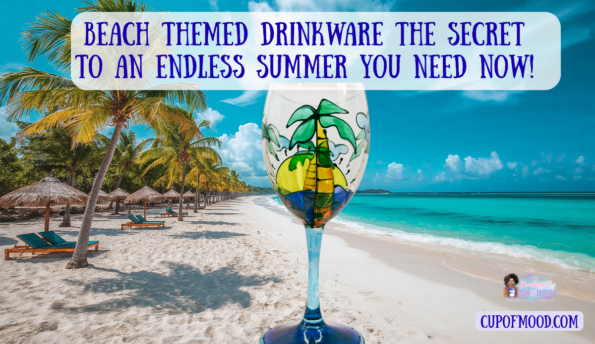 Hand-painted palm tree wine glass with blue stem displayed on a white sand beach with palm trees