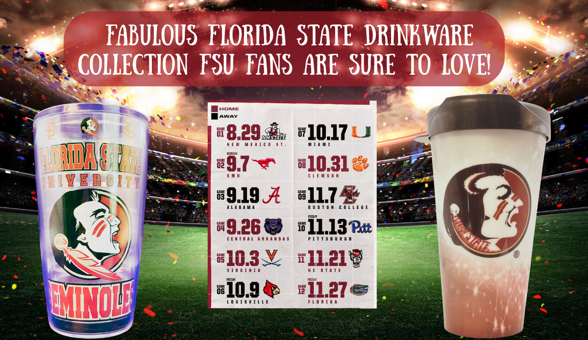 Florida State 2026 football schedule with Seminoles drinkware, FSU fans, Osceola and Renegade in a game-day stadium scene