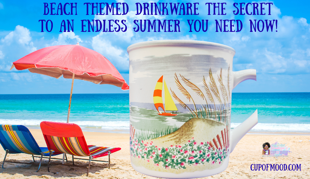 Cape Shore beach scene mug with sailboat and dune scene displayed beside colorful beach chairs and an umbrella