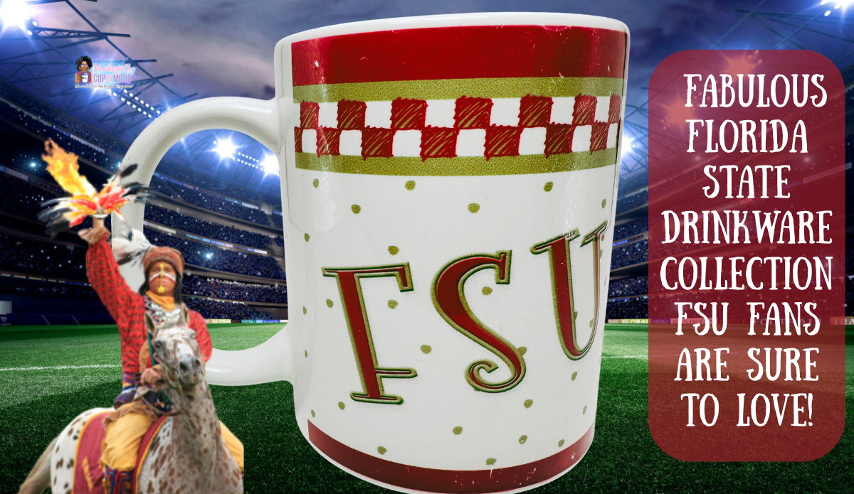 Florida State Seminoles FSU Noles Checkerboard Coffee Mug with garnet and gold checkerboard details displayed with Osceola and Renegade in a football stadium