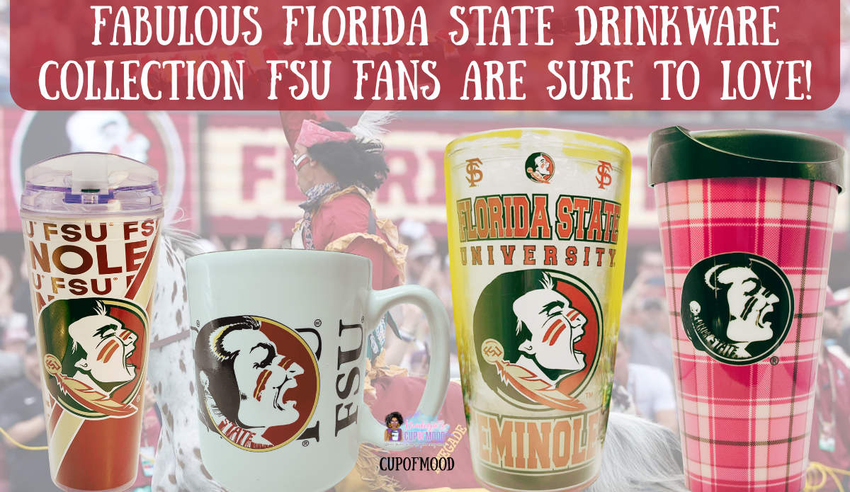Collage of four Florida State drinkware pieces including a tumbler, mug, pint glass, and pink plaid travel mug under the blog title.