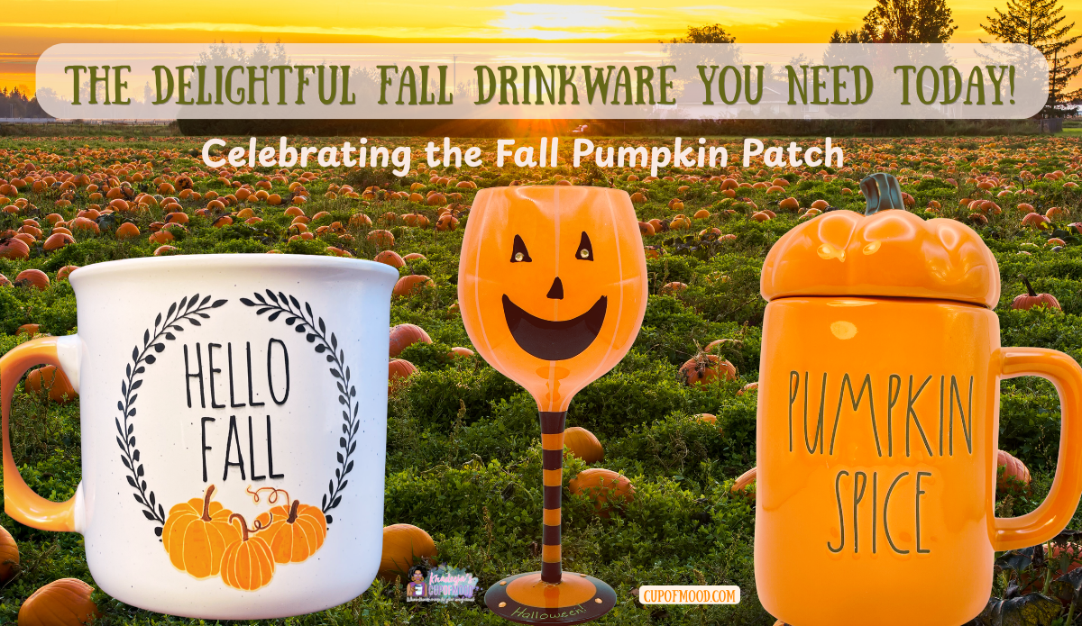 Hello Fall Jumbo Pumpkin Mug, Happy Halloween Pumpkin Wine Glass and Rae Dunn Pumpkin Spice Mug displayed in a pumpkin patch.