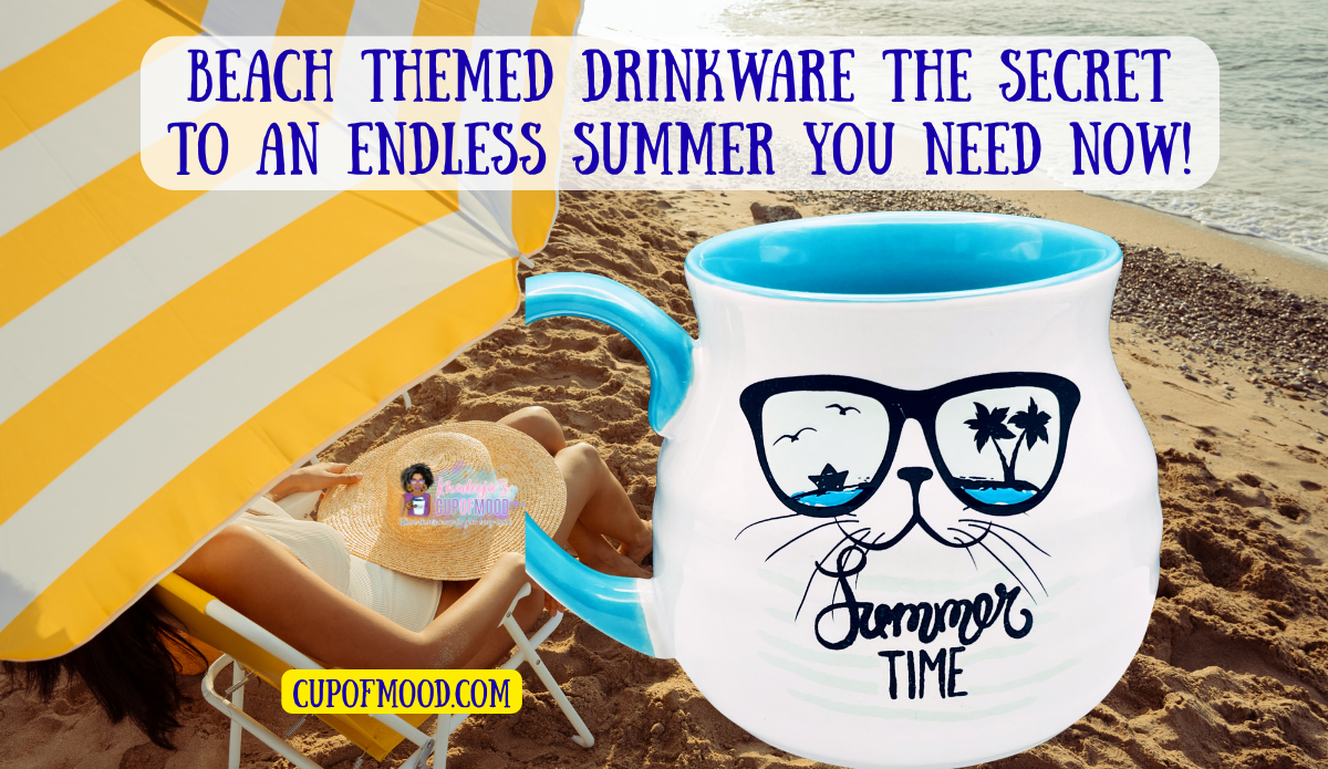 Summer Time cat mug on a beach beside a woman relaxing under a yellow striped umbrella