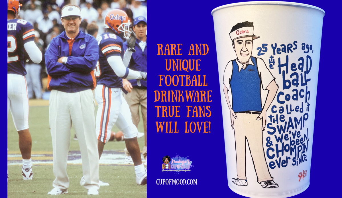 Steve Spurrier Swamp Gators stadium cup with Florida Gators football sideline imagery