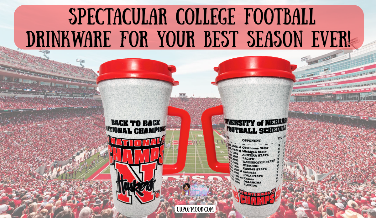 Nebraska Cornhuskers 1994 1995 Champions Travel Mug shown from both sides against a packed Nebraska football stadium.