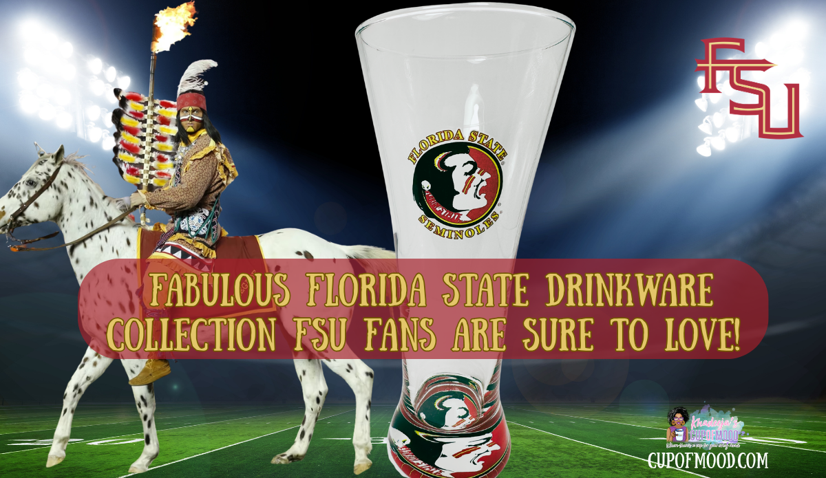 Tall clear Florida State Seminoles pilsner glass displayed on a football field background with Florida State graphics and the blog title.