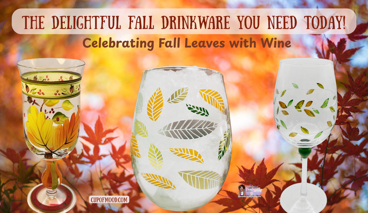 Autumn Leaves Wine Glass, Fall Leaves Stemless Wine Glass and Jumbo Fall Wine Glass displayed against colorful autumn foliage.