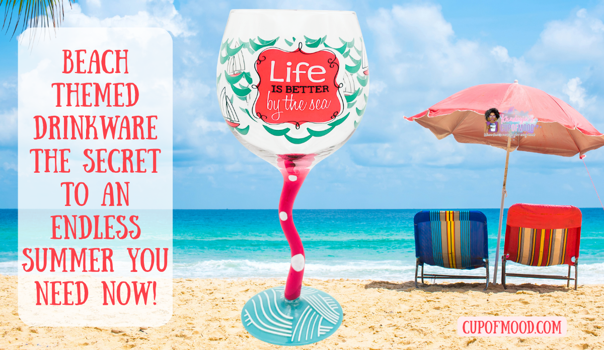 Better By Sea wine glass on a bright beach with colorful chairs and an umbrella