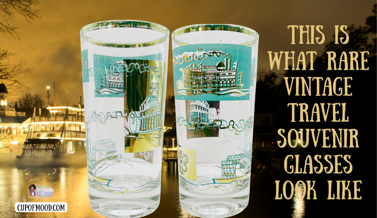 Two views of a Southern Comfort riverboat vintage Libbey highball glass against a glowing riverboat scene at night.