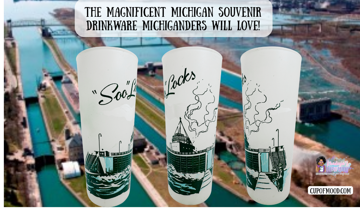 Vintage Soo Locks Michigan frosted souvenir glass with ship and lock artwork
