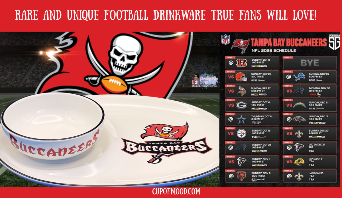 Tampa Bay Buccaneers Pfaltzgraff soup and sandwich set with Buccaneers logo and 2026 football schedule