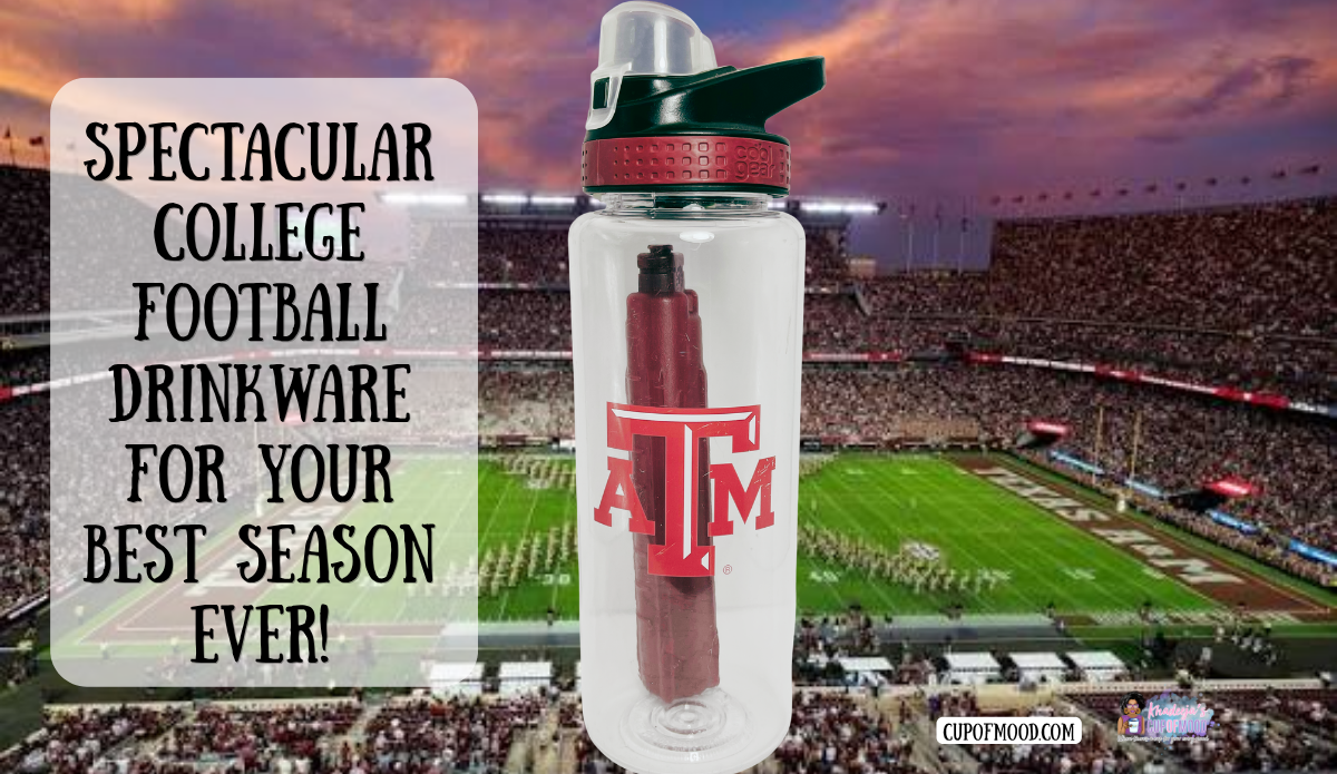 Texas A&M Cool Gear freezer stick water bottle with Aggies logo displayed against a football stadium at sunset.